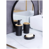Set 3 accesorii pentru baie cu insertie bambus, rotunde, negru mat