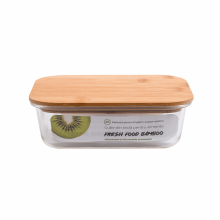 Bamboo téglalap alakú ételtároló doboz, hőálló üvegből, bambusz fedéllel, 1,04 liter