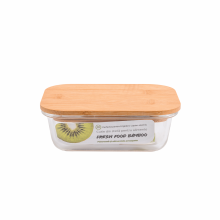 Bamboo téglalap alakú ételtároló doboz, hőálló üvegből, bambusz fedéllel, 370 ml