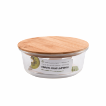 Bamboo kerek ételtároló doboz, hőálló üvegből, bambusz fedéllel, 400 ml