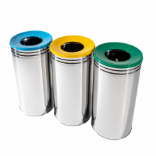 Set 3 cosuri gunoi, cu capac deschis si plat, din inox, 70 litri