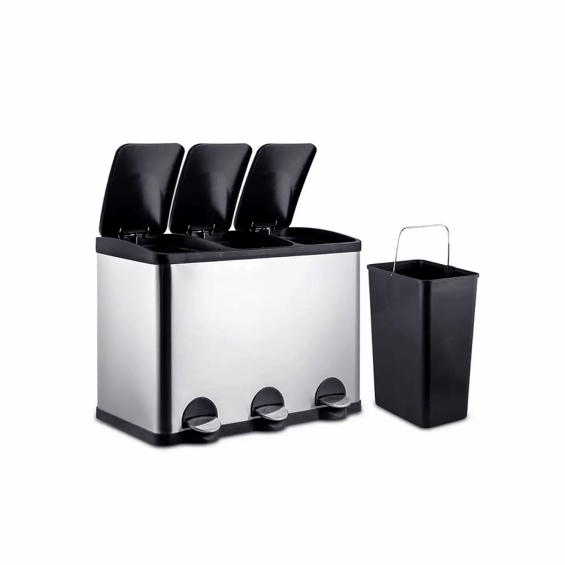 Cos inox triplu compartimentat, cu pedala, 3x15 litri