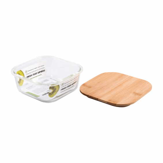 Bamboo négyzet alakú ételtároló doboz, hőálló üvegből, bambusz fedéllel, 320 ml