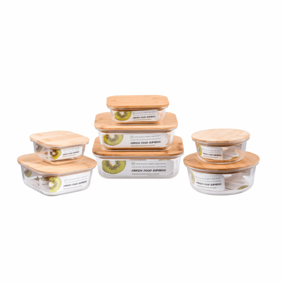 Bamboo négyzet alakú ételtároló doboz, hőálló üvegből, bambusz fedéllel, 320 ml