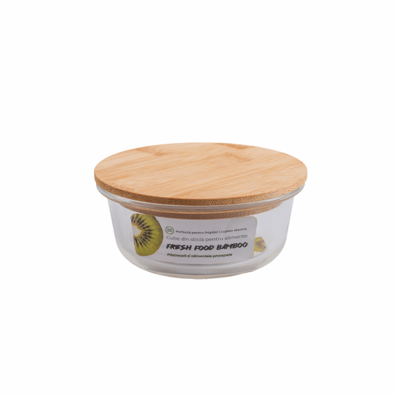 Cutie pentru alimente, rotunda, din sticla termorezistenta, capac din bambus, 950 ml, Bamboo