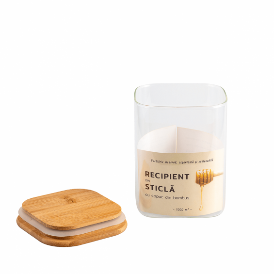 Szögletes üvegedény, bambusz fedéllel, 1000ml