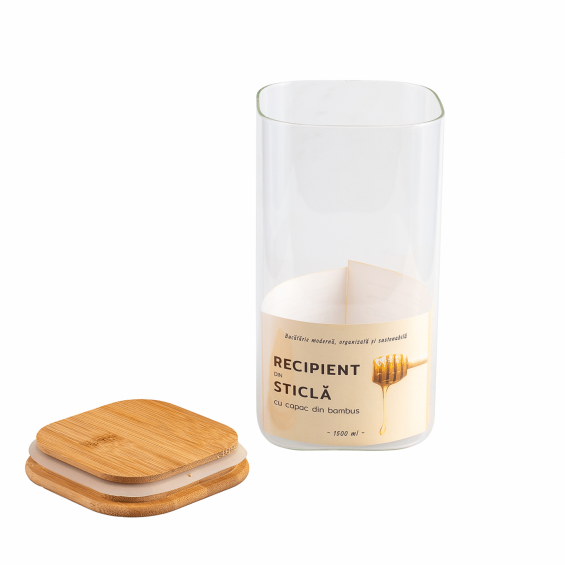 Szögletes üvegedény, bambusz fedéllel, 1500ml