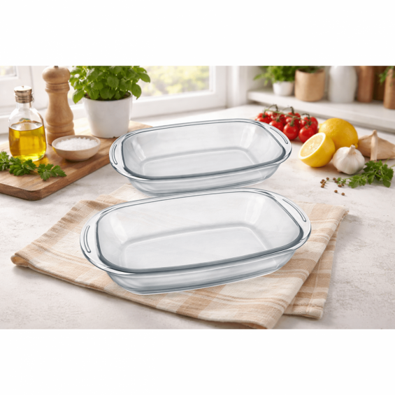 Nadir 2 db -os szögletes üveg tál készlet, 1,8 + 3 liter