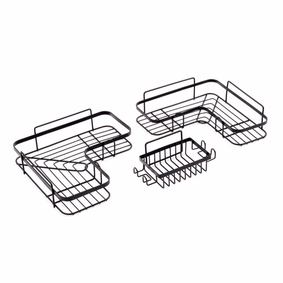 Set 3 suporti metalici pentru depozitare, cu accesorii prindere autoadezive, negri