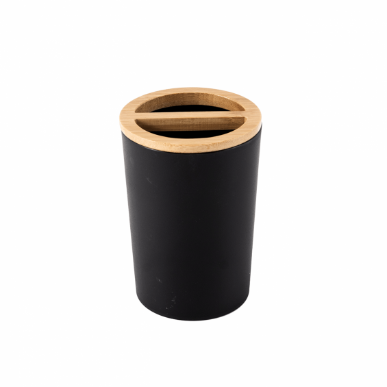 Set 3 accesorii pentru baie cu insertie bambus, rotunde, negru mat