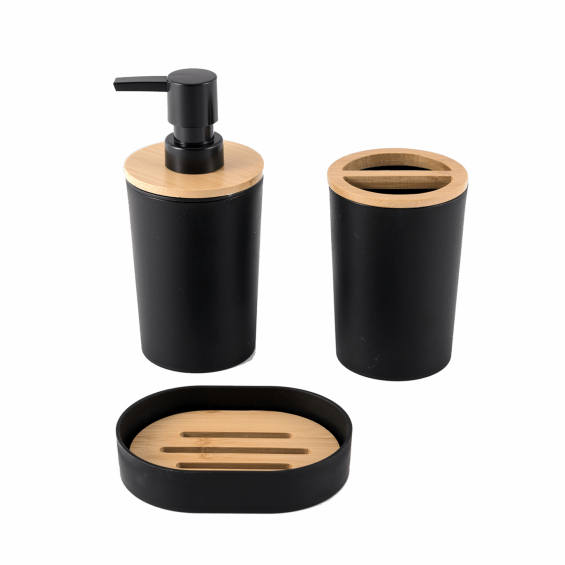 Set 3 accesorii pentru baie cu insertie bambus, rotunde, negru mat